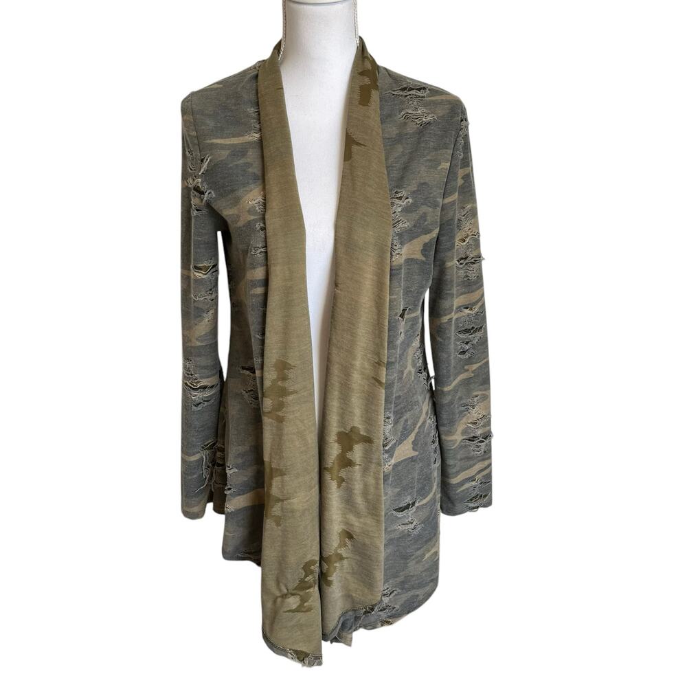 12PM by Mon Ami Cardigan Size Large Camo Green Distressed Double Layer Knit